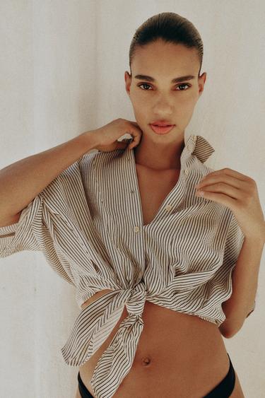 SHORT SLEEVE SHIRT WITH KNOT - Ecru / Black by Zara