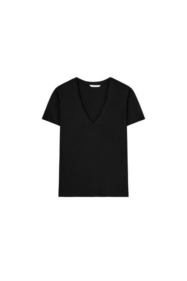 Zara INTERLOCK V-KAELUSEGA T-SÄRK - Must