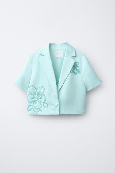 CROPPED SATIN BLAZER WITH BEADED FLOWERS - Blue / Green by Zara - Image 0