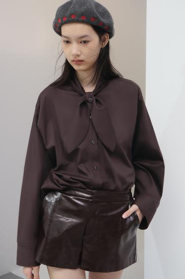 ポプリン スカーフ シャツダークブラウンZaraのポプリン スカーフ シャツ - ダークブラウン