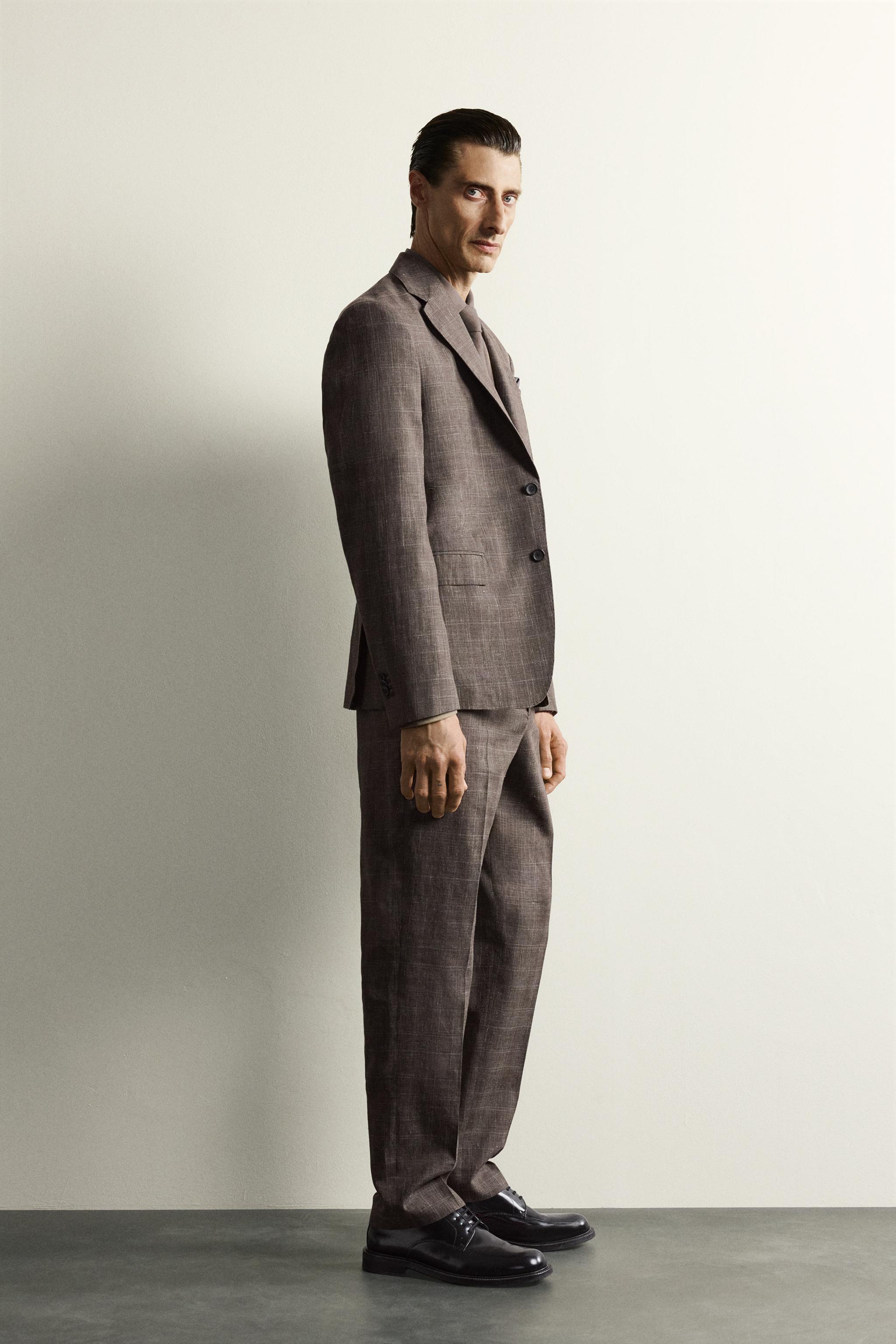 LINEN AND WOOL CHECK SUIT PANTS