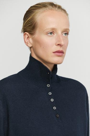 High neck knit sweater with button detail — Navy blue 1
