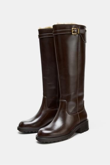 BOTTES PLATES EN CUIR AVEC BOUCLE ET HYDROFUGES - Marron de Zara - Image 4
