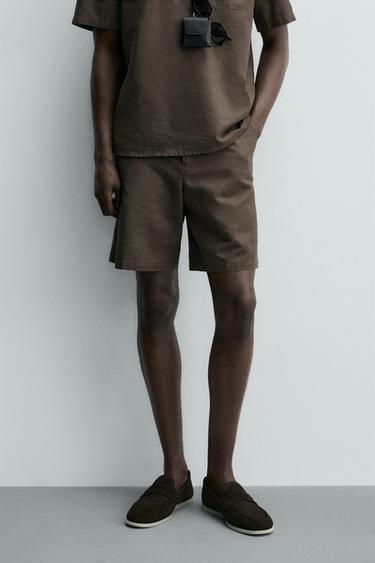 REGULAR FIT HEMP - COTTON BERMUDA SHORTS - Brown by Zara