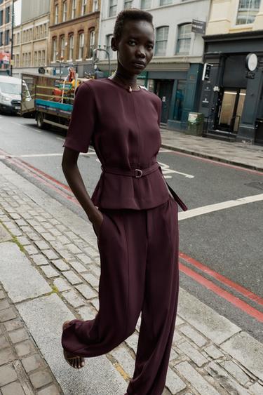 Zara SHORT SLEEVE BELTED TOP - Eggplant - Image 0