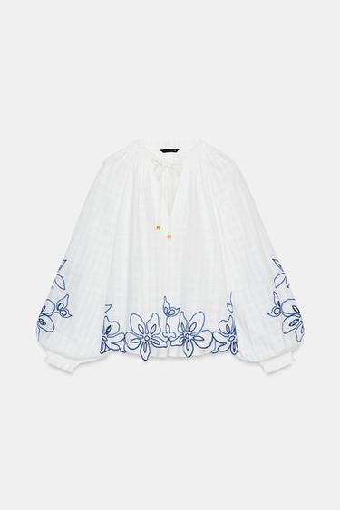 Zara EMBROIDERED FLORAL BLOUSE - Ecru