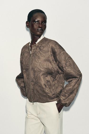 EMBROIDERED FAUX SUEDE BOMBER JACKET - Khaki by Zara - Image 3