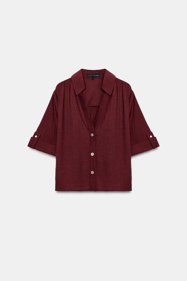 CAMISA TEXTURA MANGA VUELTA - Burgundy de Zara