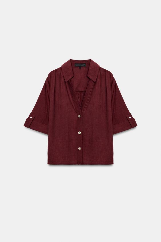CAMISA TEXTURA MANGA VUELTA - Burgundy de Zara - Imagen 0