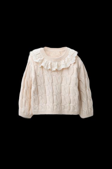 Zara CABLE KNIT SWEATER WITH LACE COLLAR - Ecru - Image 0