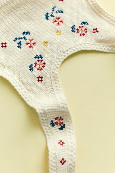 LONG KNIT DUNGAREES WITH CROSS STITCH DETAIL - Ecru by Zara