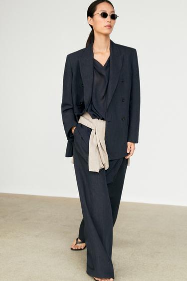 Zara Melange linen double-breasted blazer - Navy blue