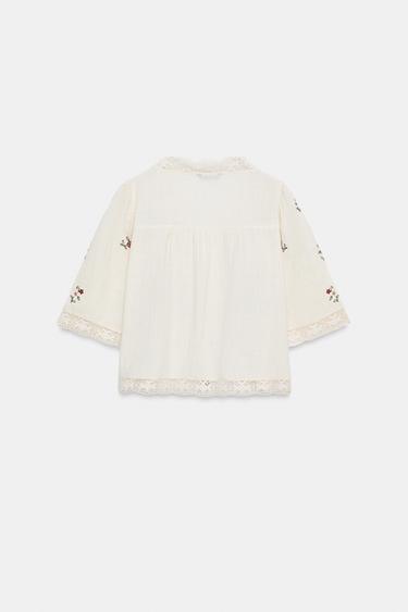 Zara EMBROIDERED FLORAL TOP - Ecru