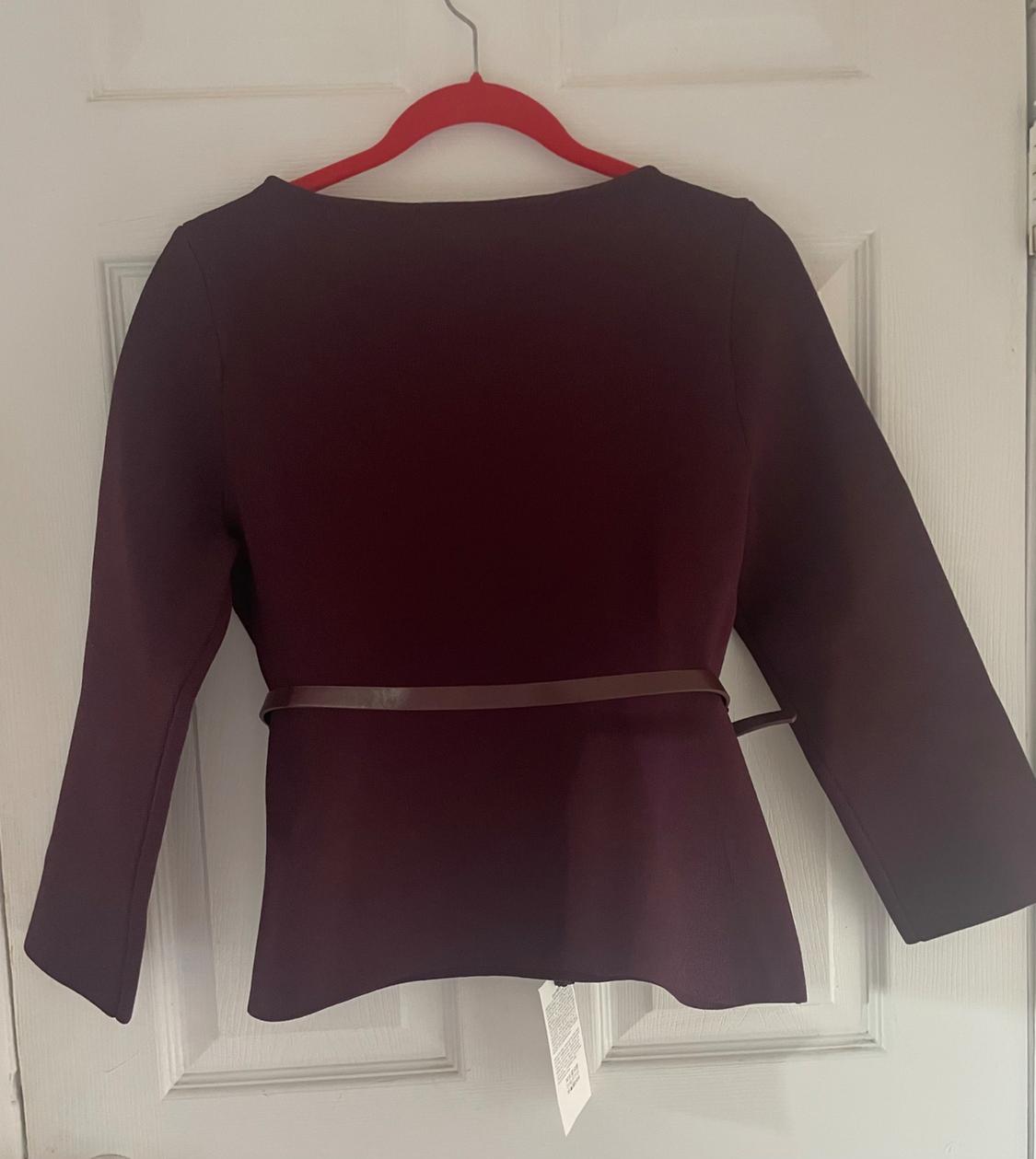 Burgundy long-sleeved blouse hanging on a red hanger over a white door. Label visible at the bottom.
