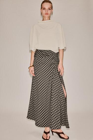 FALDA DRAPEADA CUADROS ZW COLLECTION - Negro de Zara - Imagen 0