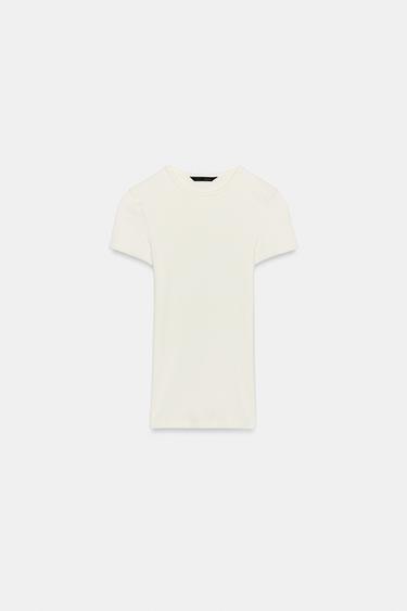T-SHIRT CÔTELÉ - Blanc cassé de Zara - Image 4
