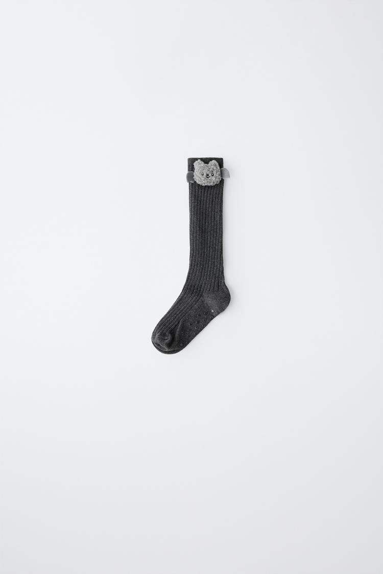 RIBBED KNEE-HIGH SOCKS WITH PATCH — Anthracite grey