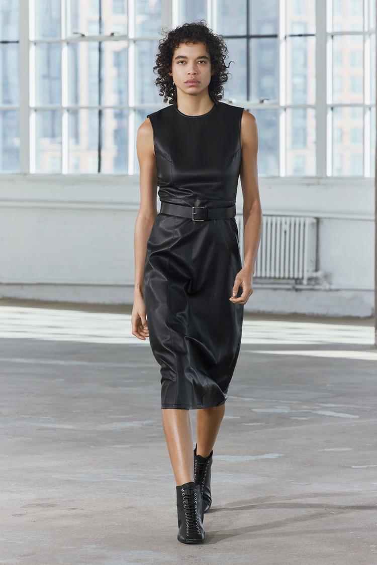 Levina Zip Detail Midi Faux Leather Dress