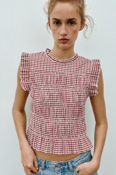 GINGHAM SMOCKED TOP - Ecru / Maroon by Zara