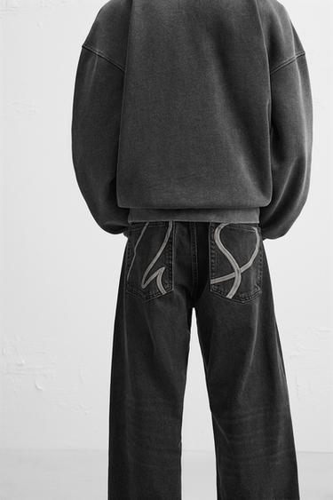 EMBROIDERED BAGGY FIT JEANS - Black by Zara - Image 4