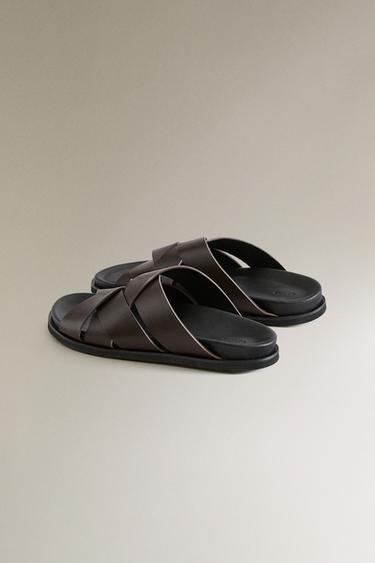 LEATHER CROSSOVER STRAP SANDALS - Brown by Zara - Image 3