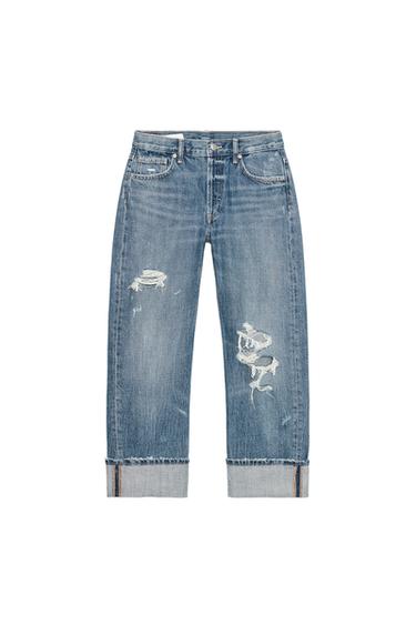 JEANS TRF مستقيم ستايل ممزّق وسرج متوسط - نيلي الخاص بـ Zara