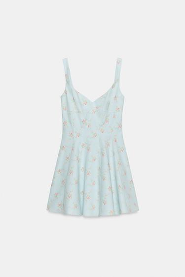 VESTIDO CORTO POPELÍN FLORES - Celeste de Zara - Imagen 0