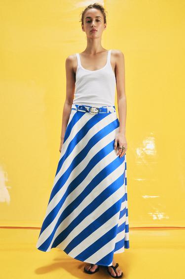 Zara STRIPED MIDI SKIRT WITH BELT - Blue / White