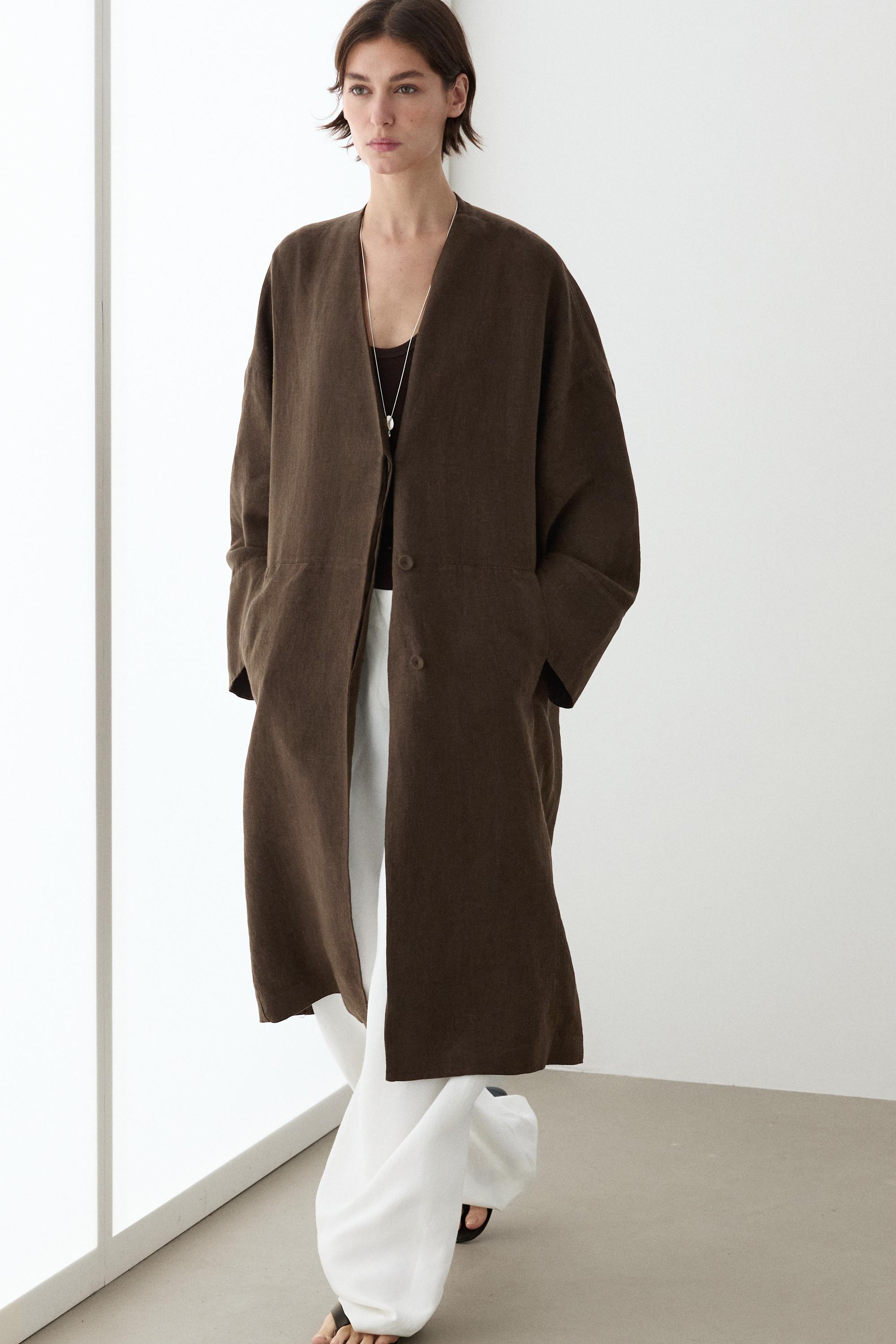 100% linen double-breasted coat with no collar — Brown