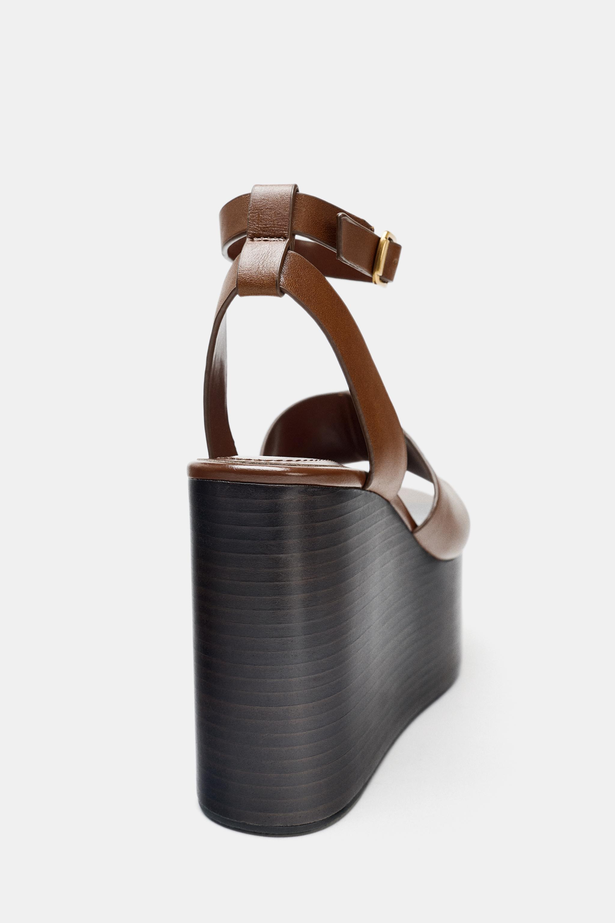 LEATHER WEDGE SANDALS WITH STRAP - Brown | ZARA United States