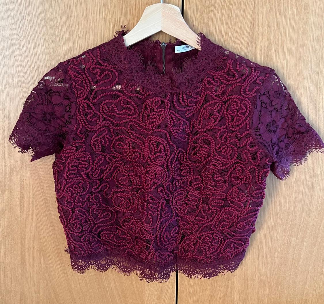 Maroon lace crop top with embossed floral design, high neck and short sleeves, hanging on a hanger against a wooden background.