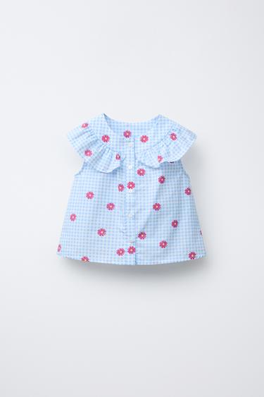 Zara GINGHAM AND FLORAL SHIRT - Light blue