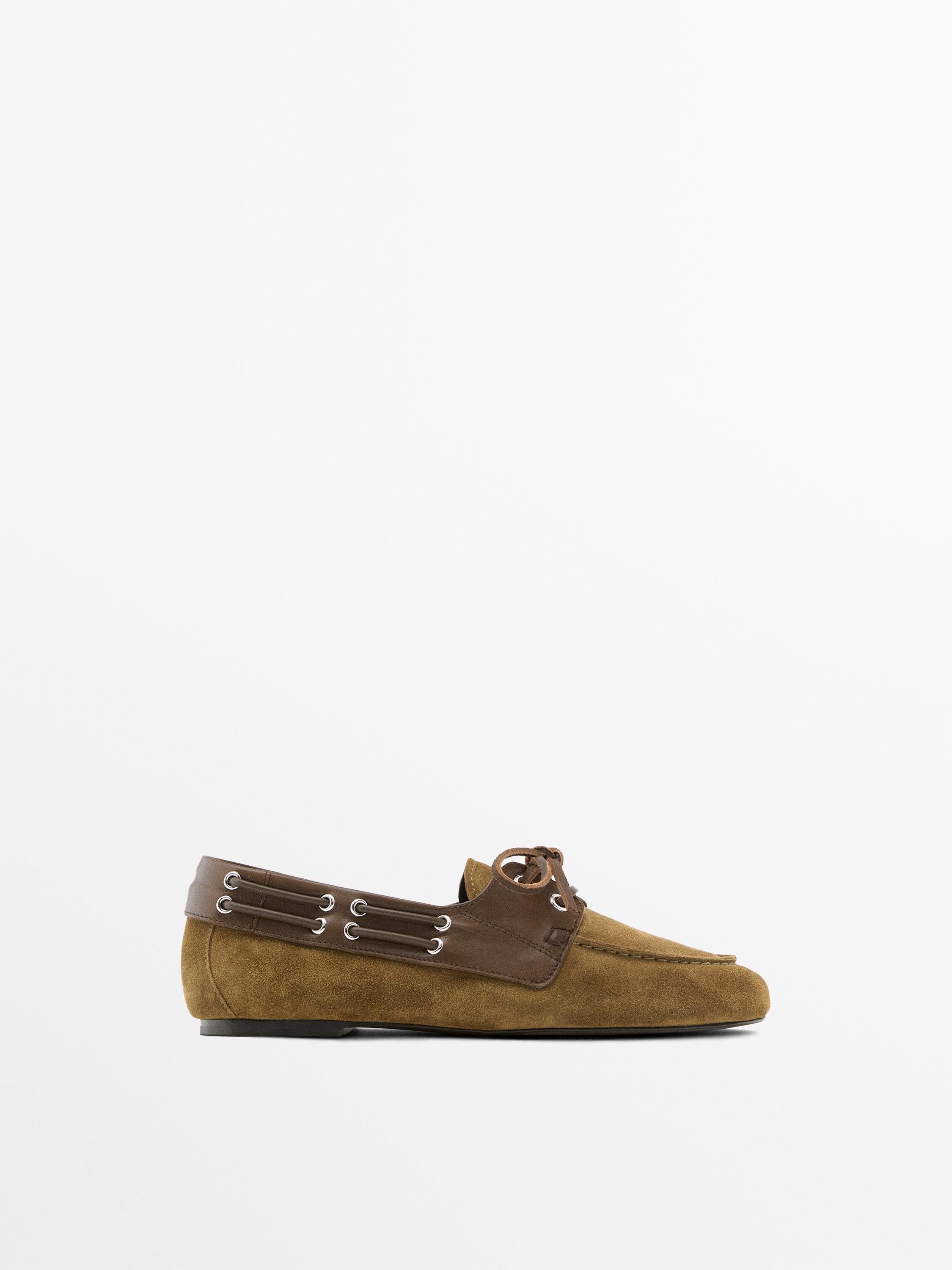 Contrast leather deck shoes — taupe brown