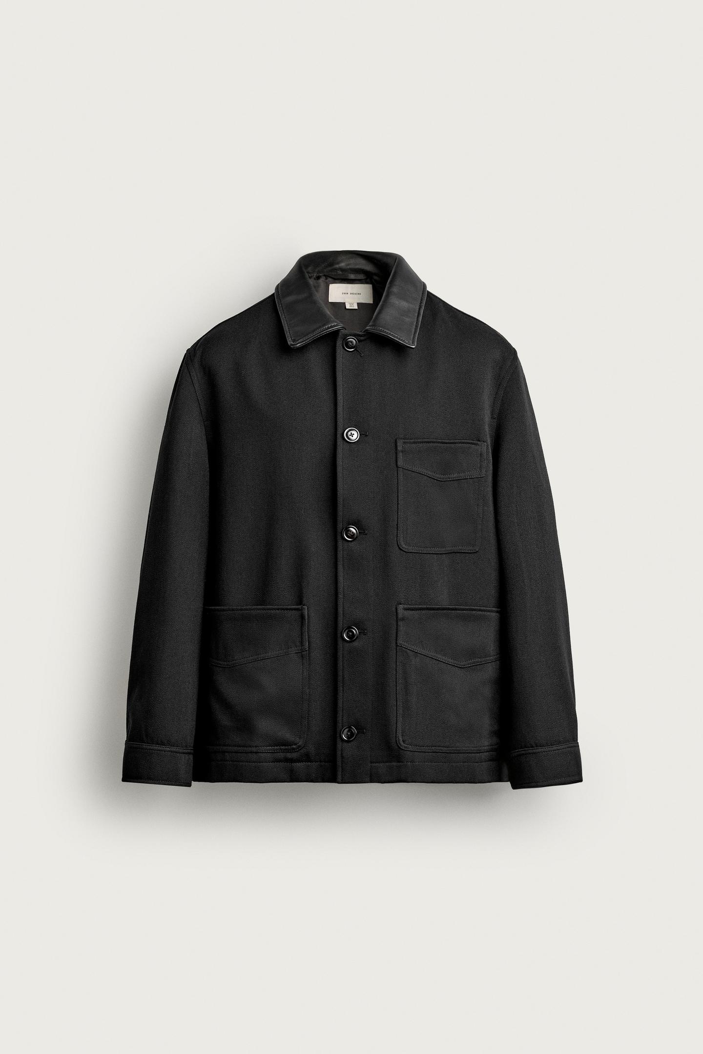 Мужская куртка Zara Wool Blend Jacket with Leather Collar, цвет: Чёрный — фото 6
