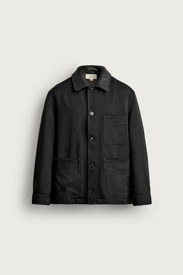 WOOL BLEND JACKET WITH LEATHER COLLAR — Black 1