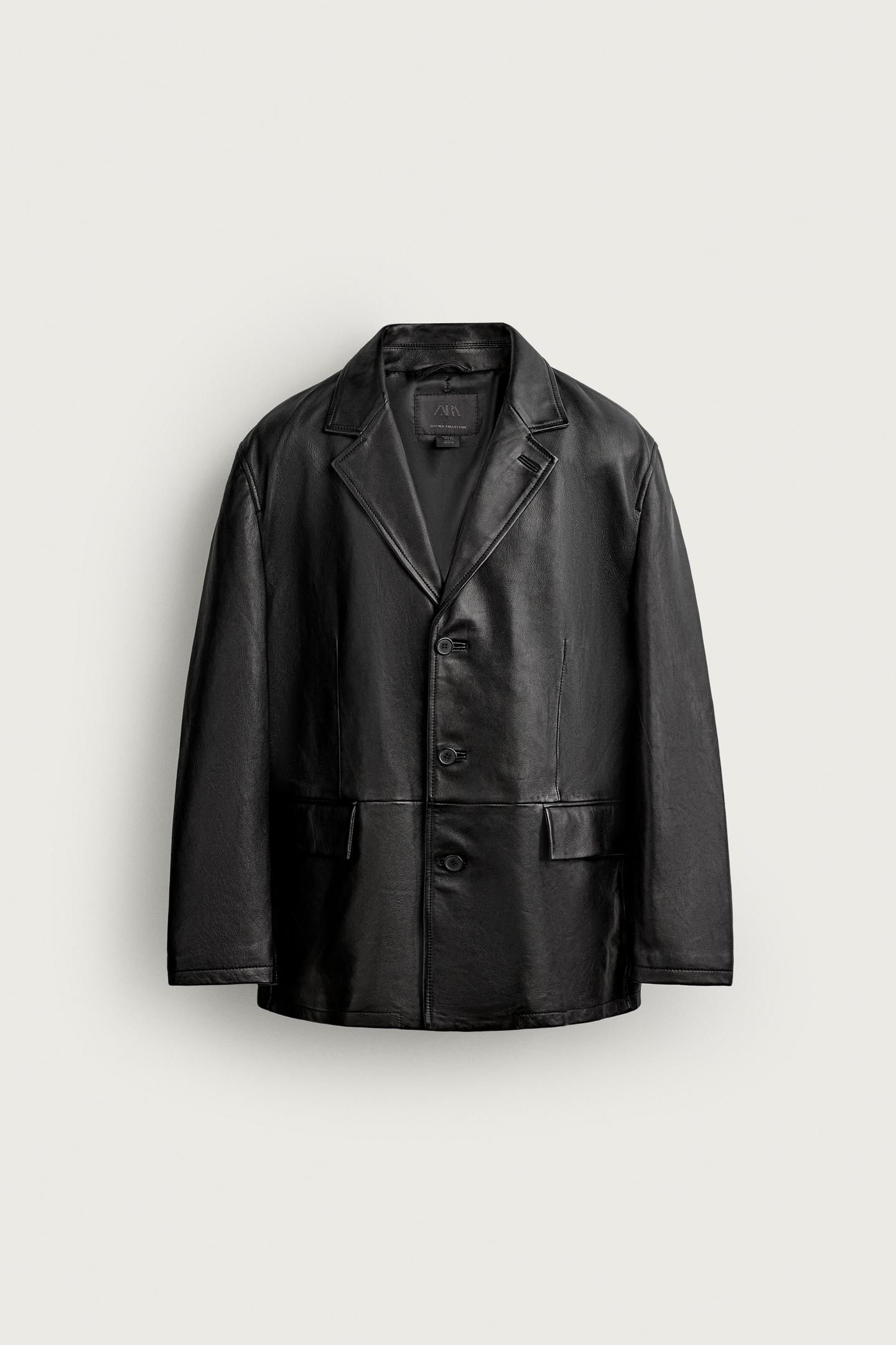 Мужской пиджак Zara Relaxed-Fit Leather Blazer, цвет: Чёрный — фото 8