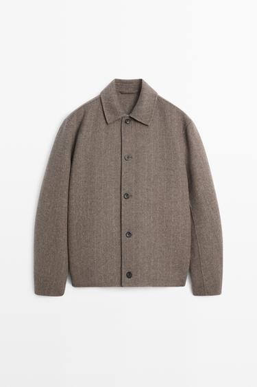 Zara Striped double wool blend jacket - Mink - Image 0