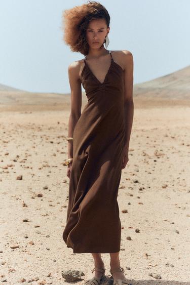 VESTIDO MIDI ABALORIOS CON LINO - Marrón de Zara