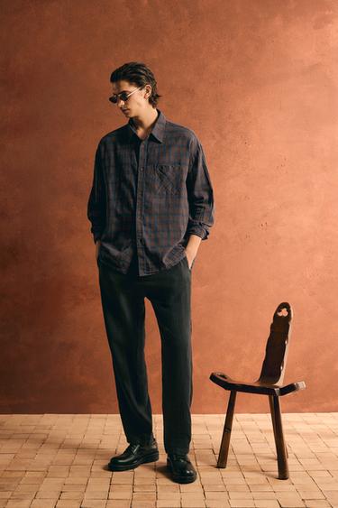 CAMISA CUADROS ALGODÓN - LINO - Marrón-Azul de Zara