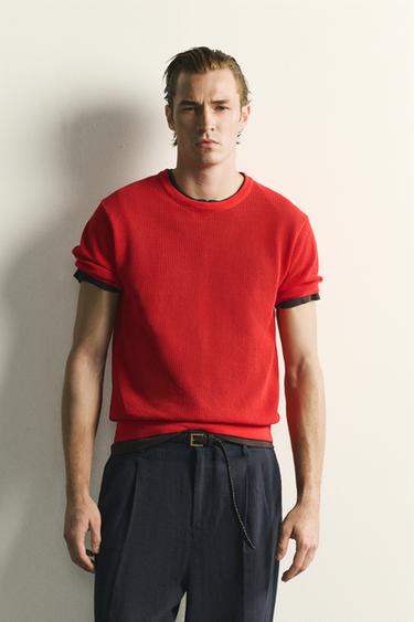 Zara OPEN-KNIT TEXTURED T-SHIRT - Red