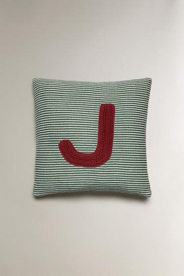 CHILDREN'S EMBROIDERED LETTER J CUSHION - Green by Zara - Image 0
