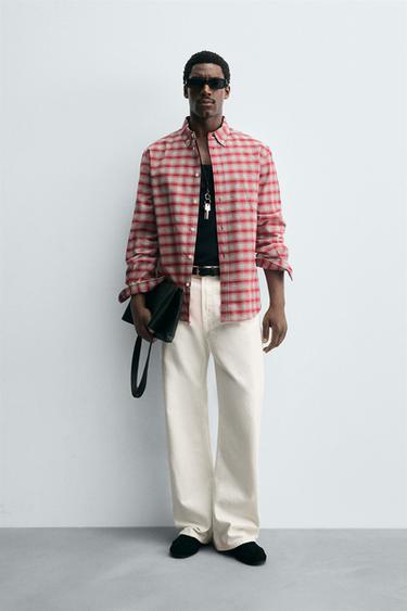 Zara BUTTON-DOWN COLLAR PLAID SHIRT - Red - Image 0