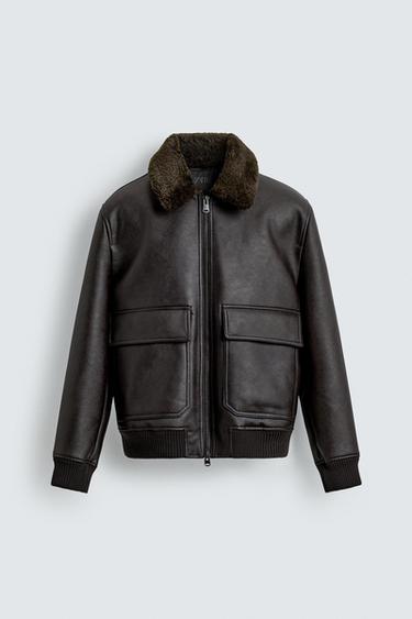 LEATHER EFFECT JACKET WITH CONTRAST COLLAR - Dark brown by Zara