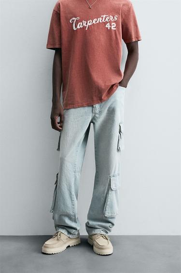 CALÇA DENIM CARGO COM BOLSOS - Azul-claro da Zara