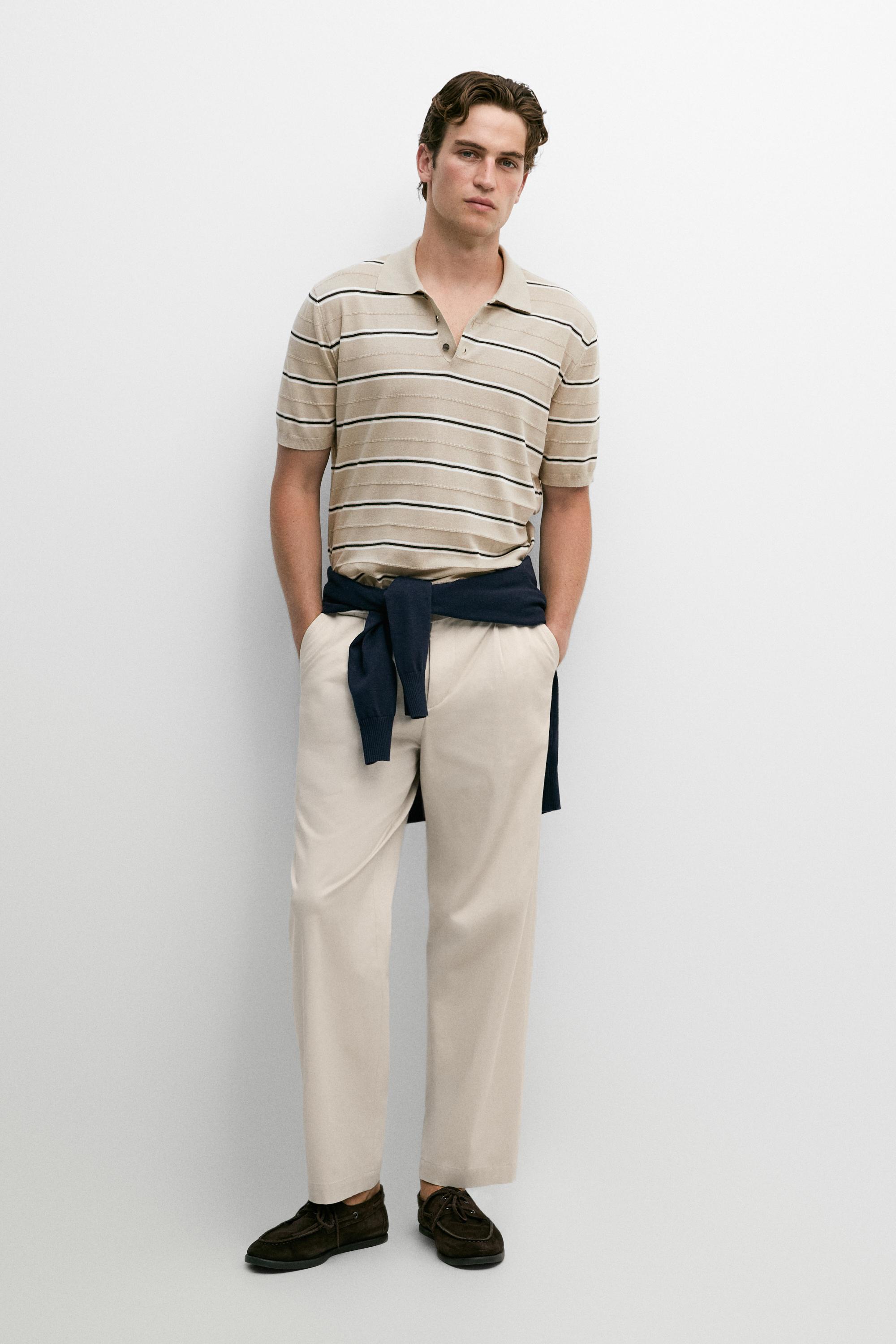 100% Cotton Striped Knit Polo Shirt — Stone