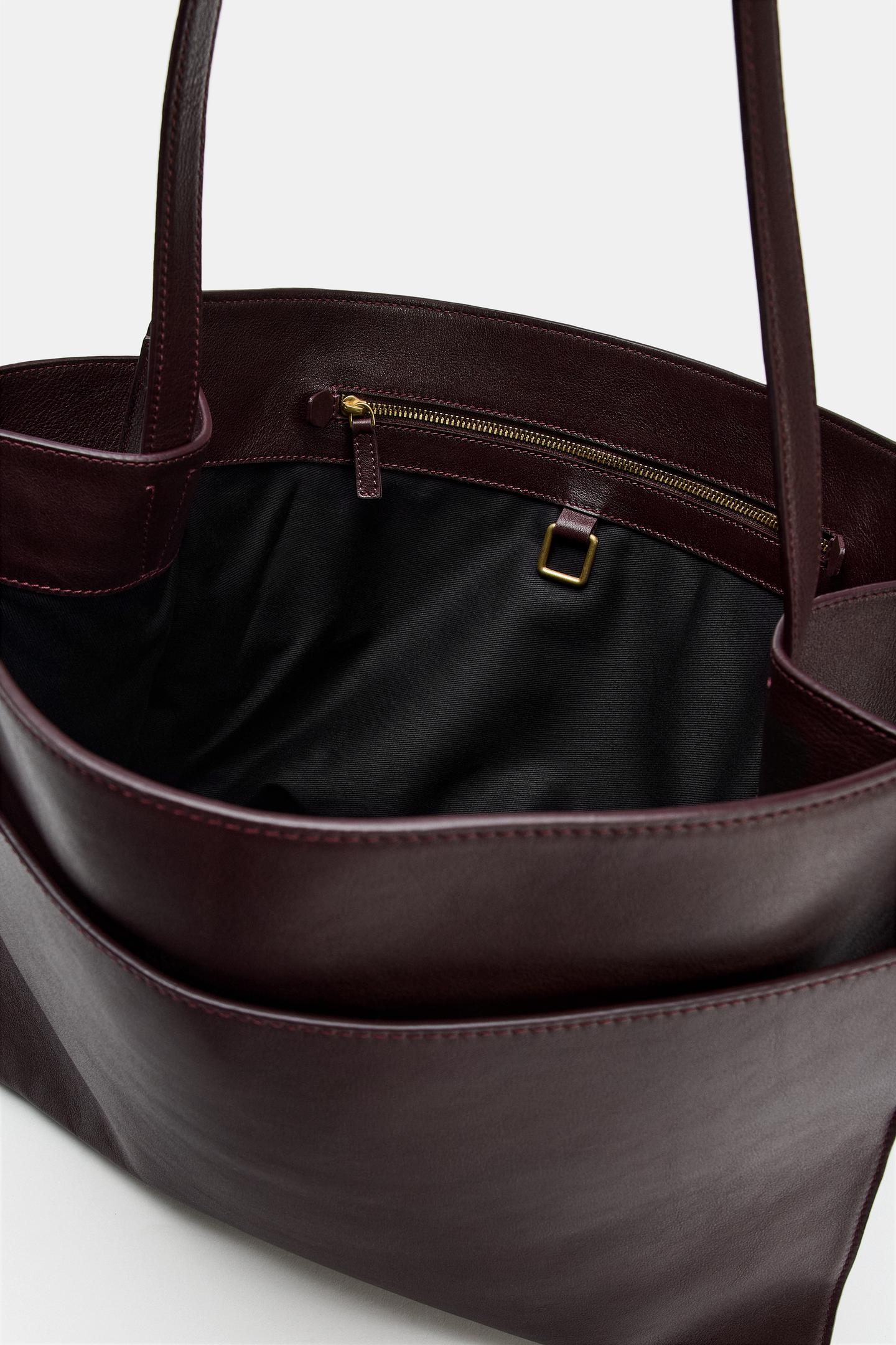 Женская сумка Zara Leather Maxi Shopper, цвет: Бордовый красный — фото 7