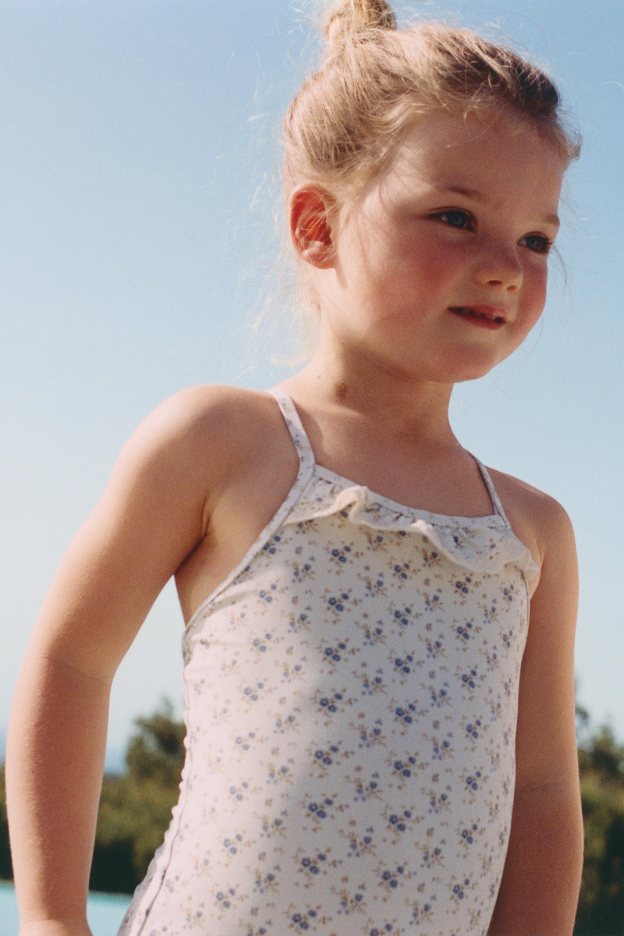 2-6 YEARS/ LACE TRIM FLORAL SWIMSUIT — Beige