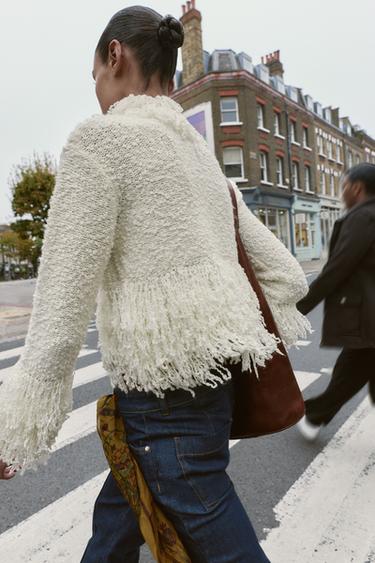 Zara FRINGED KNIT JUMPER - Ecru