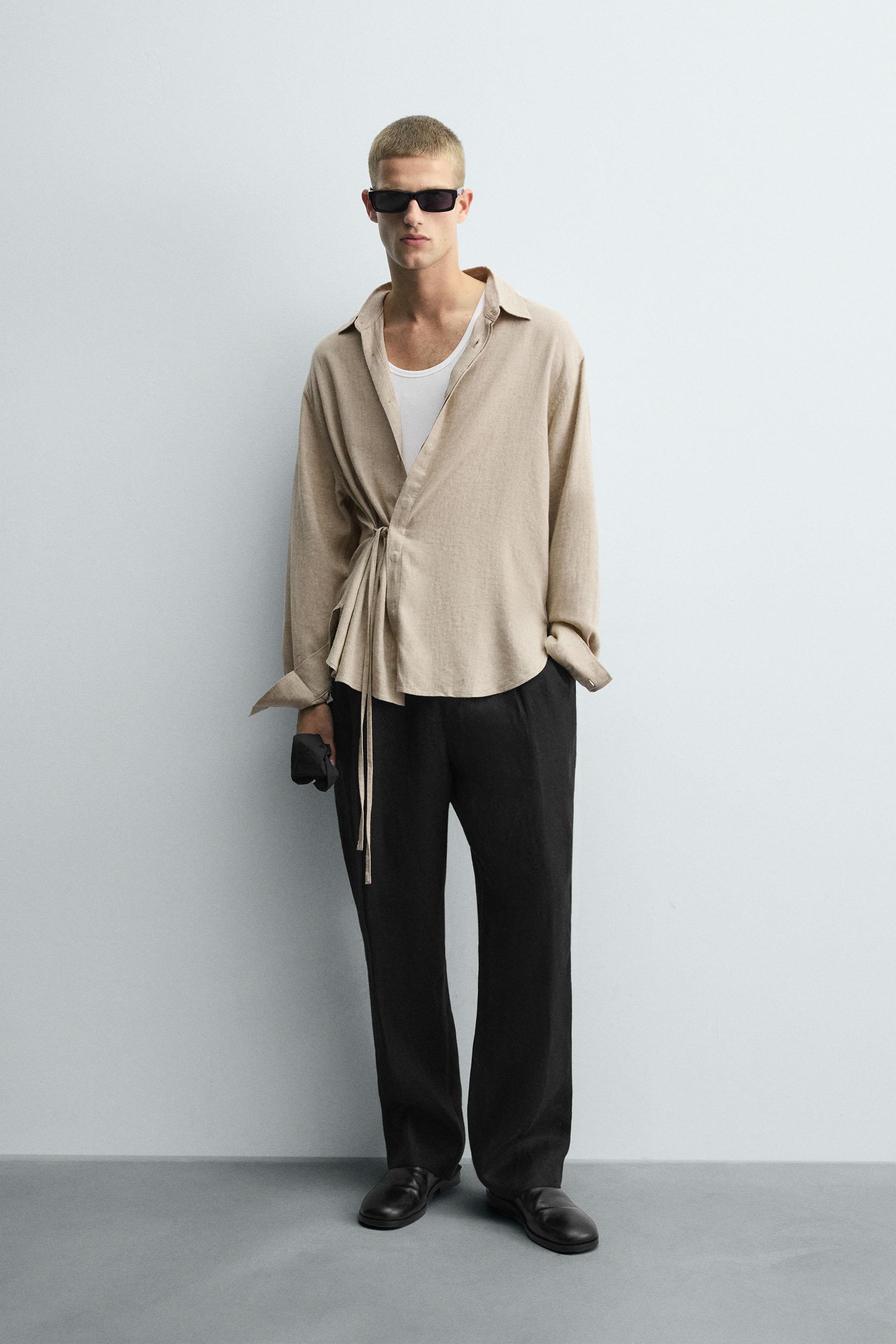 リネン - ビスコース リボンシャツ - サンド | ZARA Japan / 日本