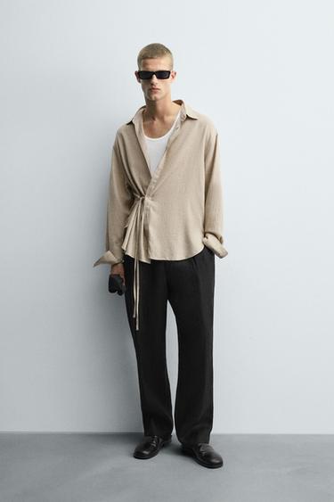 LINEN/VISCOSE TIE SHIRT - Sand by Zara